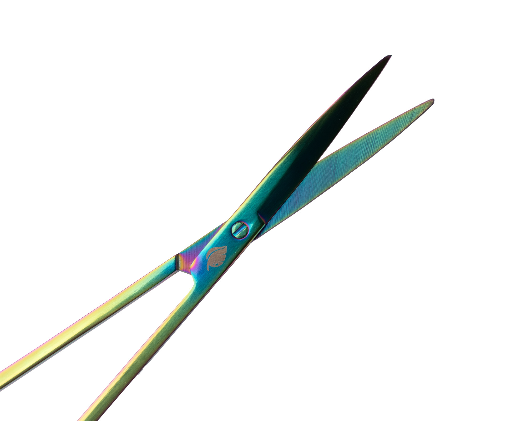 Irisierte Haarschere aus Edelstahl auf weißem Hintergrund